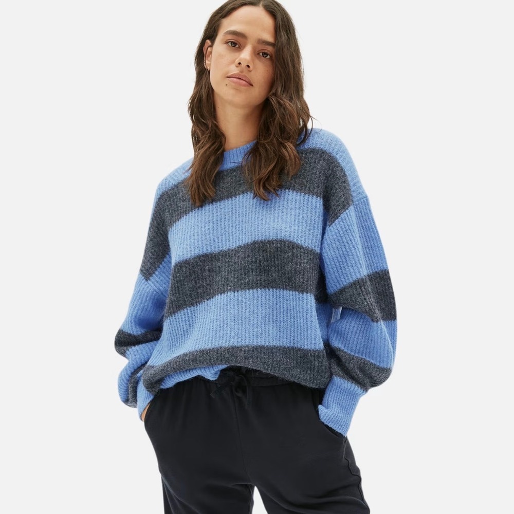 Everlane Alpaca crewneck sweater striped S‎ gray blue minimalist classic preppy
